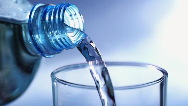 Water Pouring from Bottle into Glass Against Sunny Blue Sky. Close-up view of water being poured. Defocused sky with tones of soft blue and white colors, emphasizing the purity of drinking water.