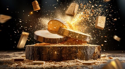 A dramatic image of sawdust and wood splinters flying as a chainsaw slices.