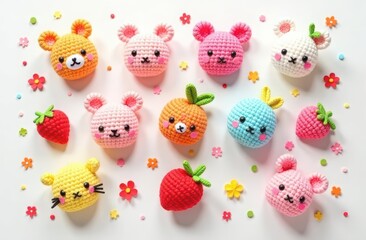 Flat lay of kawaii crochet items: amigurumi animals, fruit keychains, pastel beanies with ears, mini pouches