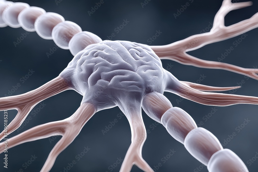 Poster closeup of neuron cell with connecting dendrites and synapse signals on deep blue background rendere