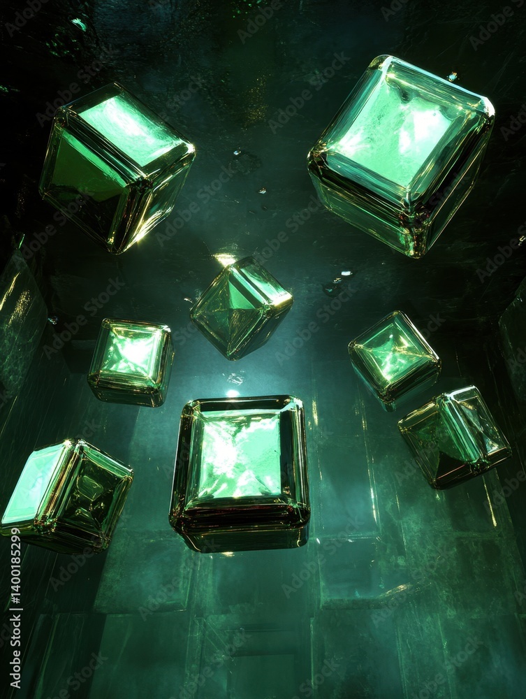 Poster emerald cubes floating in dark depths captivating abstract composition with geometric precision and 