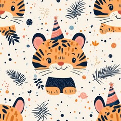 Animal print pattern tiger bold seamless concept. A whimsical pattern featuring playful tigers with party hats against a light background, surrounded by colorful foliage and playful dots.