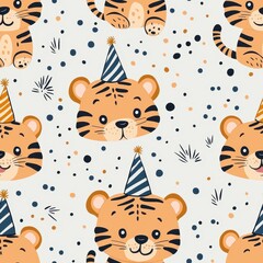 Animal print pattern tiger bold seamless concept. A playful pattern featuring cute cartoon tigers wearing party hats against a light background with colorful dots.