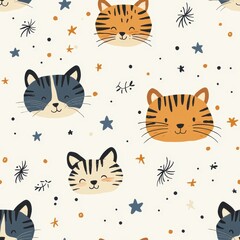 Animal print pattern tiger bold seamless concept. A playful pattern featuring adorable cat faces in various colors and expressions, accented by stars and foliage on a light background.