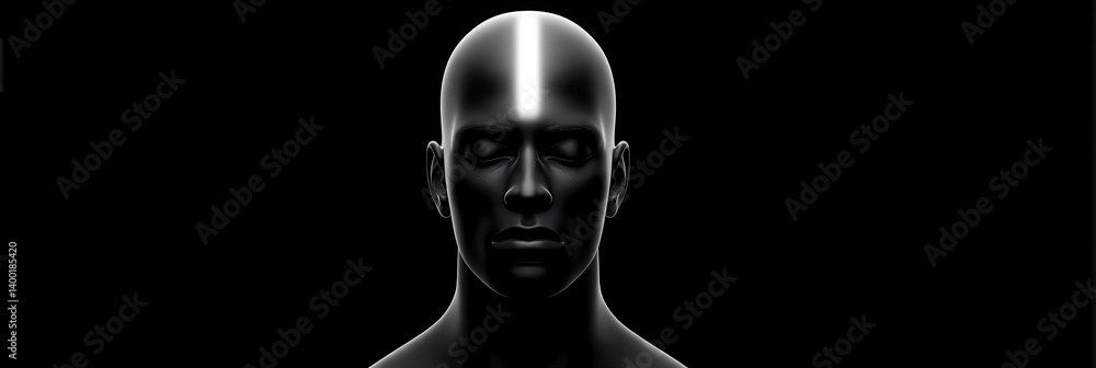 Poster Futuristic artificial intelligence concept featuring bald humanoid figure with metallic reflection and cyber glow on dark background for innovation and human machine interface themes