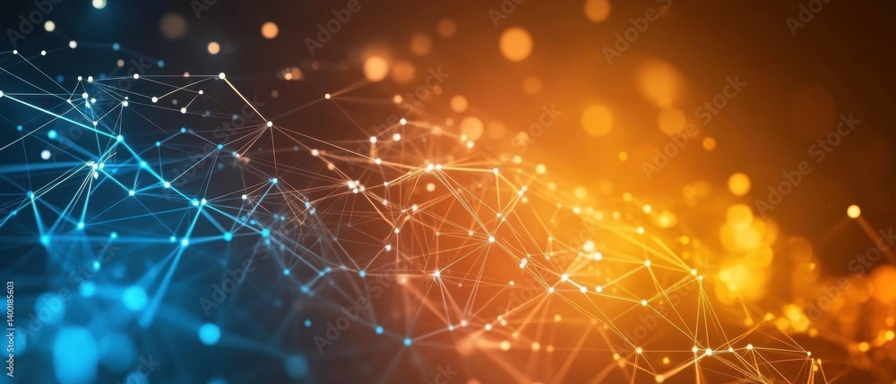 Poster abstract network connection background with glowing nodes and lines in blue and orange colors for te