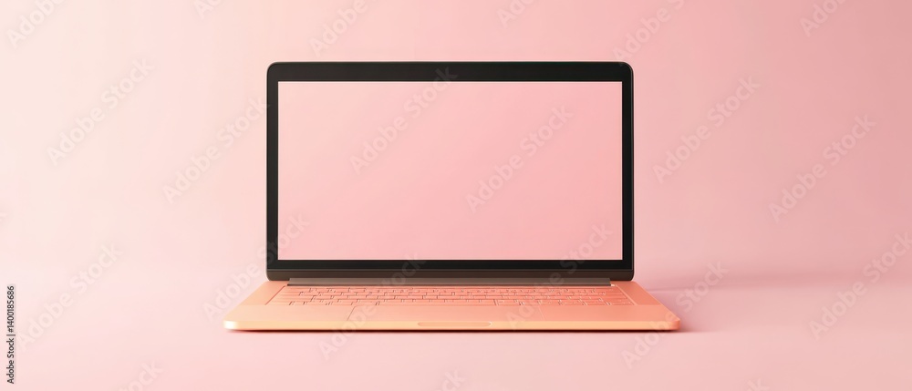 Aufkleber laptop on pink background, showcasing a blank screen with ample copy space for customization.