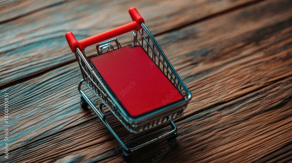 Poster mobile phone with an e-commerce shopping cart app interface on the screen
