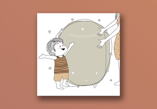 Happy Mother&rsquo;s Day Social Media Post, Cartoon Child Reaching Out to Mother with Open Arms and Copy Space.