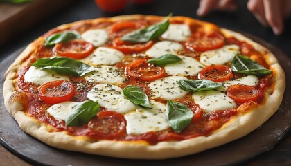A person prepares a pizza with fresh tomatoes and cheese in a pan.