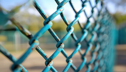 Fototapeta premium Close-up of a blue metal fence showing signs of rust and wear.