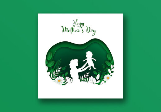 Happy Mother&rsquo;s Day Card, Editable Social Media Post in Green and White Paper Style.