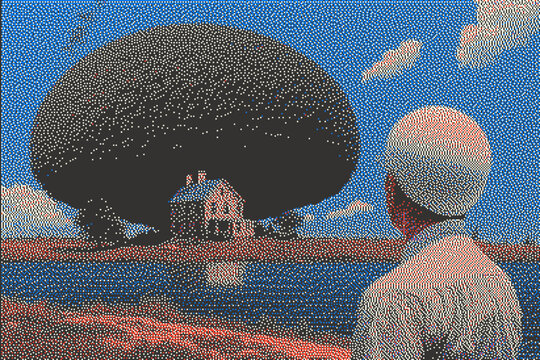 Surreal landscape featuring a house under an oversized cloud, inspired by retro art styles