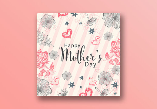Happy Mother&rsquo;s Day Social Media Post with Doodle Floral and Hearts, Editable Design.