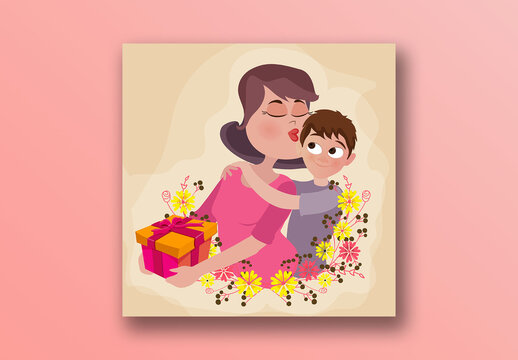 Happy Mother&rsquo;s Day Card, Cartoon Mom Kissing Her Son with Gift Box and Copy Space.