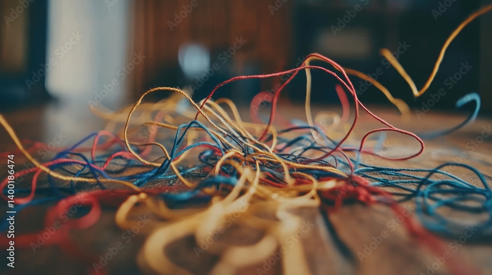 Poster multicolored textile threads tangled in artistic chaos on a table