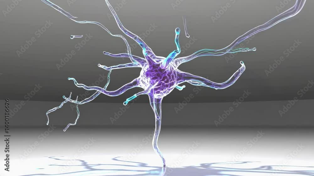 Poster binary code flows around a complex neuron sending electrical signals through its network of axons an