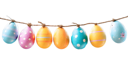 Colorful easter eggs hanging on a string with transparent background