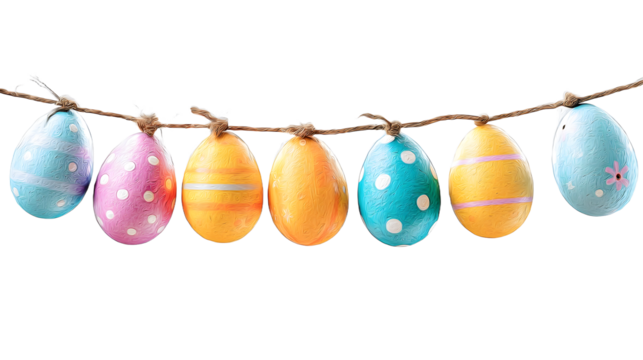 Colorful easter eggs hanging on a string with transparent background