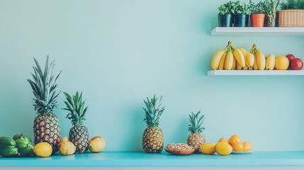 Fresh tropical fruit arrangement on a blue counter with pineapples bananas oranges and plants creating a vibrant and healthy kitchen scene in bright light