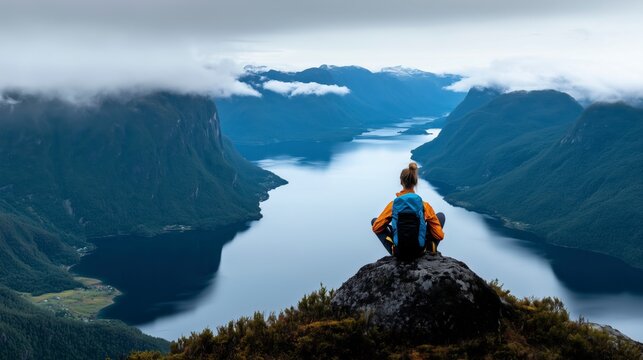 A woman is sitting on a rock overlooking a lake