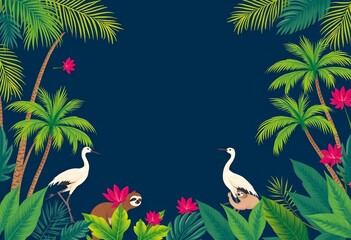 Seamless navy blue border; stylized palms, cranes, sloths , fauna, illustration