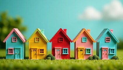 Scenic display of colorful miniature houses in a row, quaint, Miniature