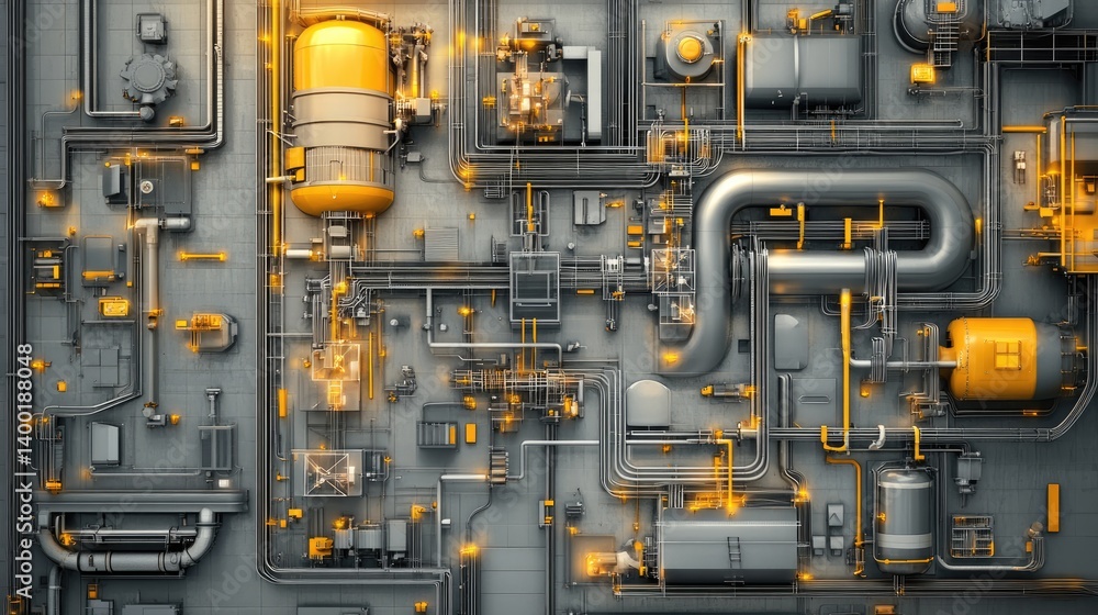 Poster overhead shot of integrated industrial machinery layout for optimized workflow