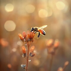 Naklejka premium Sunset glow behind foraging honey bee high resolution picture