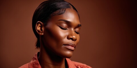 Close up of serene black woman with eyes closed and slight smile under soft warm light emphasizing emotional peace self reflection internal calm and confident mindset through portrait photography