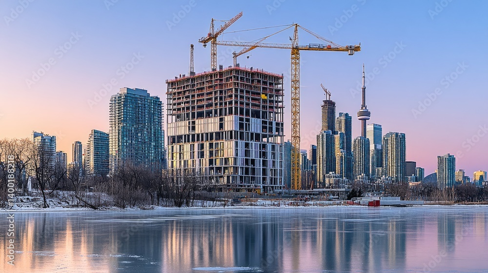 Aufkleber panorama of urban skyline dotted with cranes and skeletal structures in development