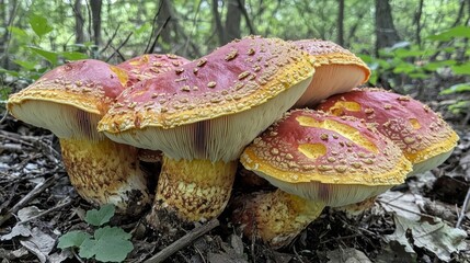 A group of mushrooms are growing in the forest
