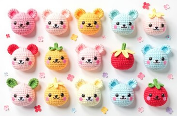 Flat lay of kawaii crochet items: amigurumi animals, fruit keychains, pastel beanies with ears, mini pouches
