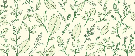 Sage green botanical leaf illustrations, outlined herbs in a seamless repeat pattern on a beige background, all over print, texture