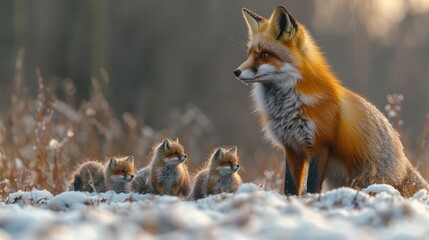 Majestic Red Fox with Kits in Winter Wonderland