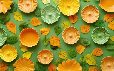 Fototapeta premium Colorful dishes arranged on a vibrant green surface create a striking visual display.