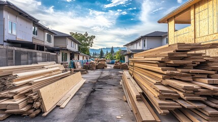 Fototapeta premium Piles of lumber and plywood stacked beside house framing in progress