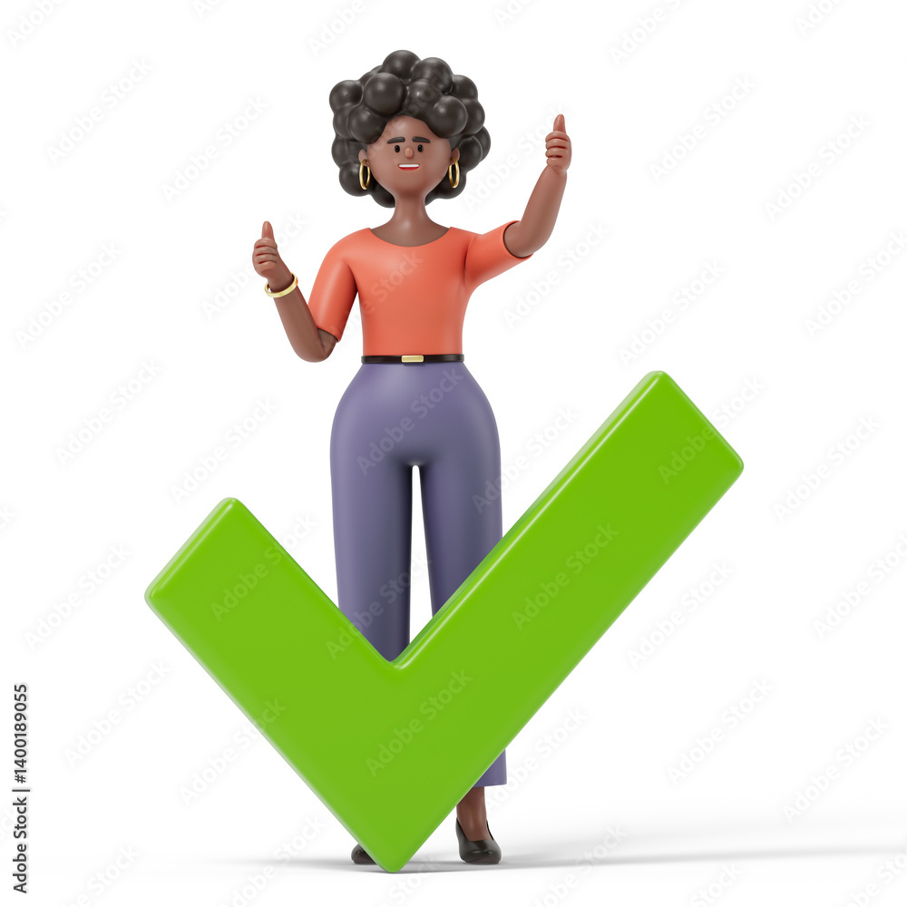 Poster a woman stands with a thumbs-up gesture next to a large checkmark, symbolizing approval and success.