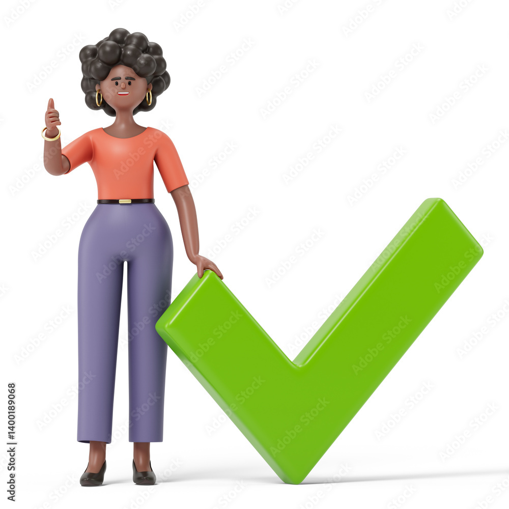 Poster a woman stands with a thumbs-up gesture next to a large checkmark, symbolizing approval and success.