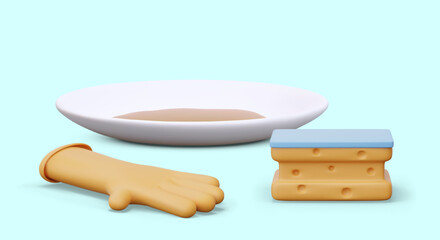 Dishwashing concept. Realistic dirty plate, rubber glove, kitchen sponge. Vector composition in cartoon style on colored background. Advertising layout