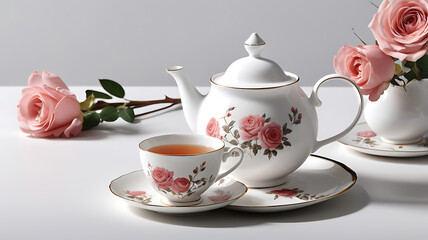 Fototapeta premium Bring charm to your vintage teacup time with delicate beauty rose motifs and classic porcelain on a spring energy concept.