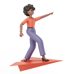 A woman stands on an upward arrow, pointing ahead, symbolizing upward career movement and ambition. 3D rendering, conceptual image. Isolated on white background.