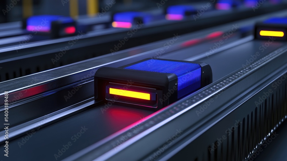 Poster precision sensor scanning items on automated conveyor in industrial sorting system