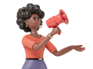 A woman uses a megaphone, symbolizing making an important announcement or rallying a call to action. 3D rendering, conceptual image. Isolated on white background.