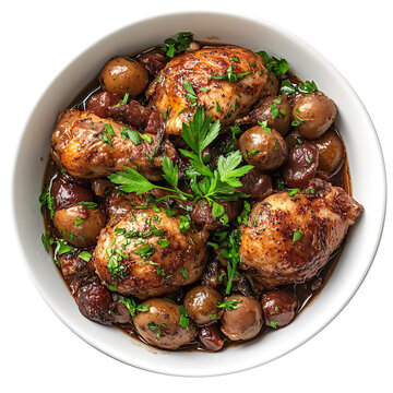 A French coq au vin isolated on a white background.