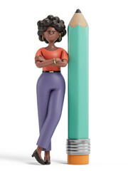 A woman leans on a giant pencil, symbolizing creativity and innovation. 3D rendering, conceptual image. Isolated on white background.