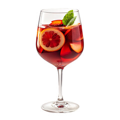 A glass containing red sangria is seen by itself isolated on a white background