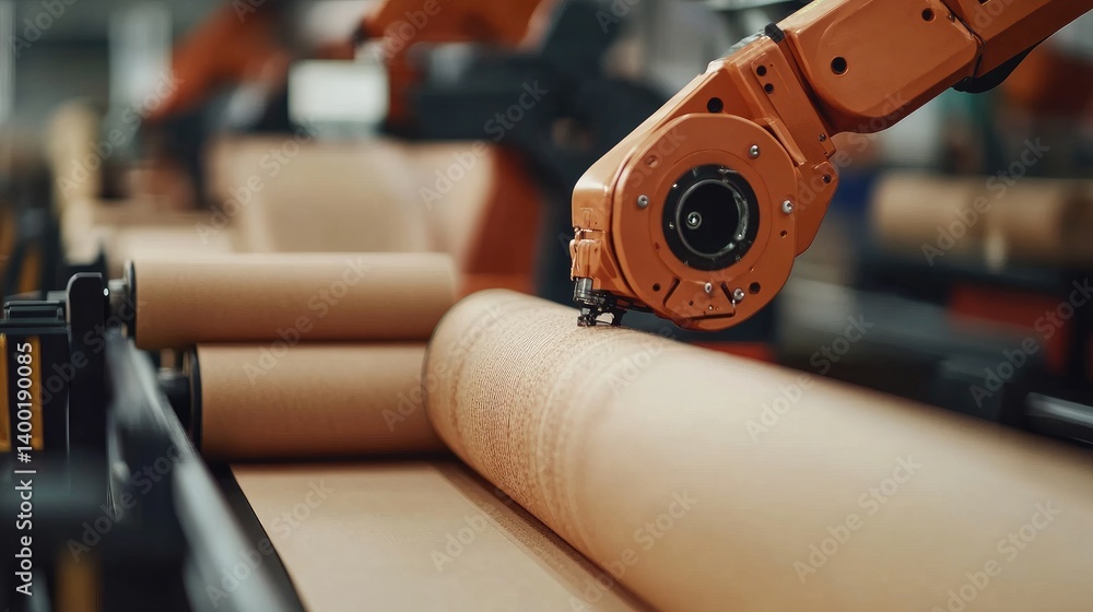 Poster robotic arm handling fabric rolls in a textile automation setup