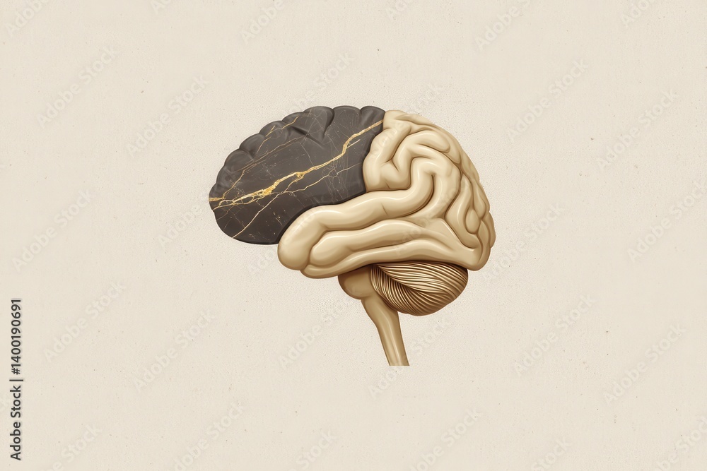 Poster surreal half black half golden brain fused into a single structure floating in neutral background po