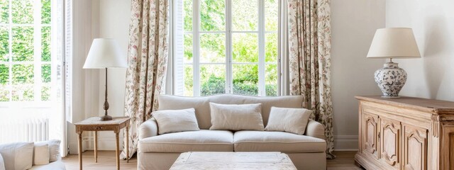 French Provence living room, floral curtain window, carved wooden sideboard, neutral sofa, floor lamp with textile shade